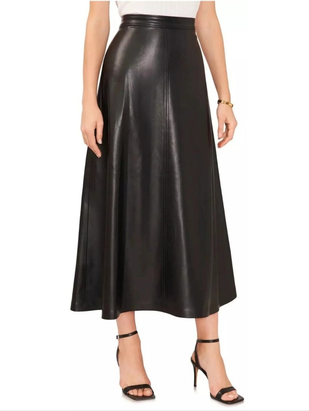 Vince Camuto Faux Leather A Line Midi Skirt Vegan High Waist Soft Side Zip LG